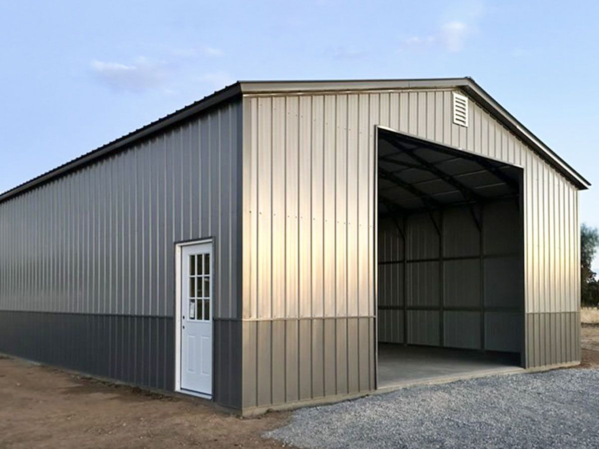 Close up of a metal garage corner showing wainscoting trim